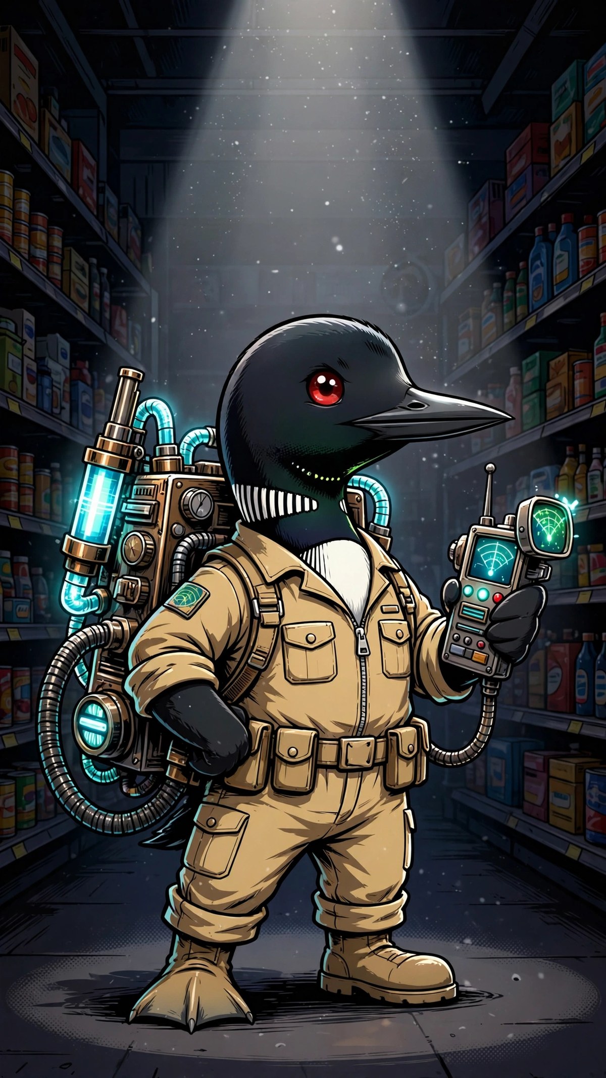 The LoonieFinds Deal Buster loon in ghost-hunting gear