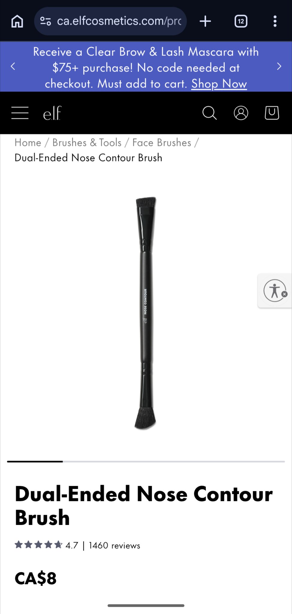 Owner phone screenshot of the e.l.f. site showing CA$8