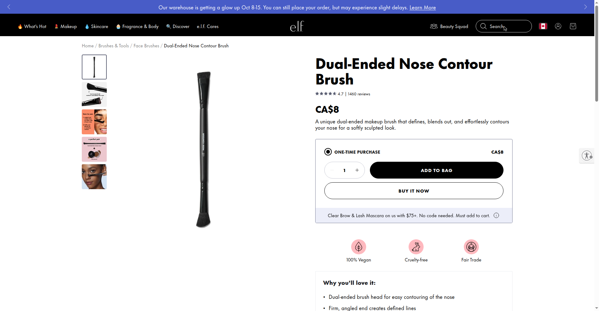 e.l.f. maker page capture Oct 13 2026 showing CA$8